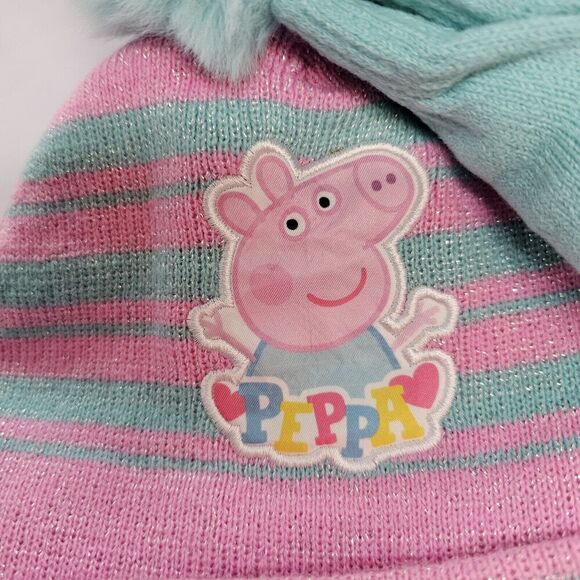 Peppa Pig Beanie Hat and Mittens Set - Pink & Teal Stripes with Pom Pom Toddler - Picture 2 of 10